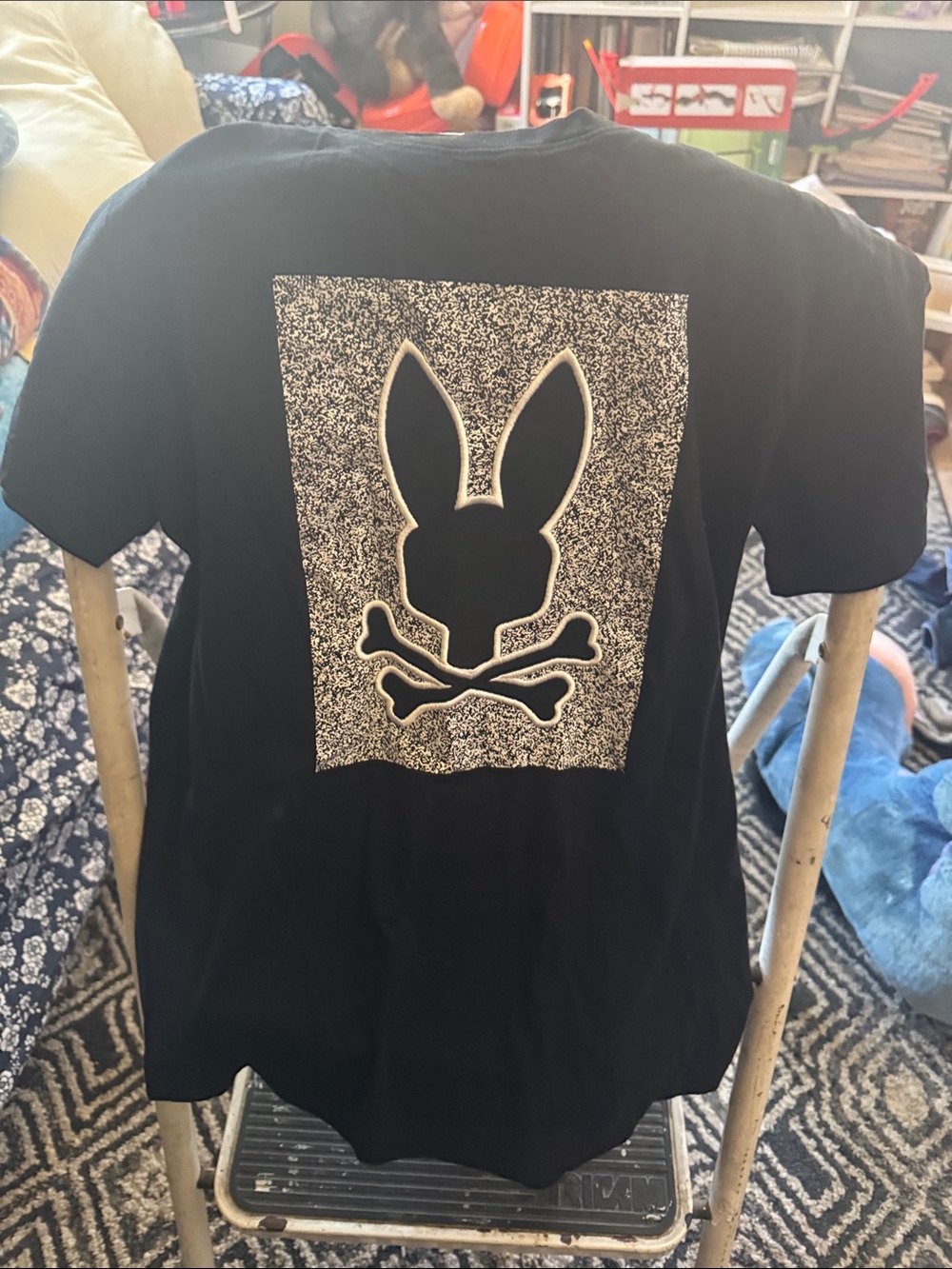 Psycho Bunny Black Tee with White Bunny Skull Graphic